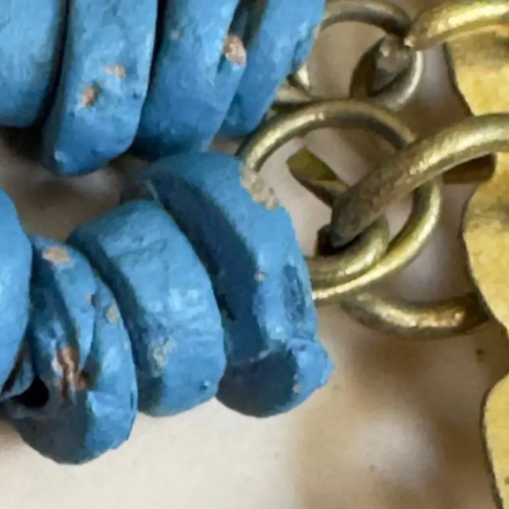 Vintage Egyptian Revival Faience Turquoise Blue Mummy Bead Necklace Brass Coins